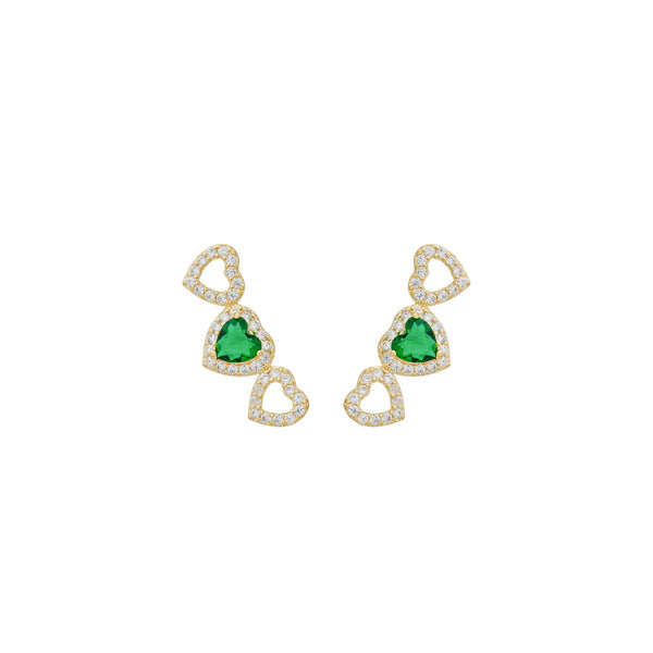 Brinco earcuff com pedra verde tipo esmeralda em formato de coração, cravejado com zircônias, confeccionado em metal folheado a ouro ou banho de prata, joia Amarylis Semijoias.