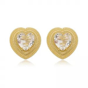 Brinco de coração com zirconia cor cristal folheado