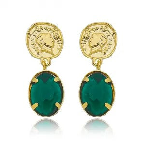 Brinco de pedra verde e medalha folheada