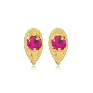 Brinco pequeno em forma de gota com zircônia pink folheado
