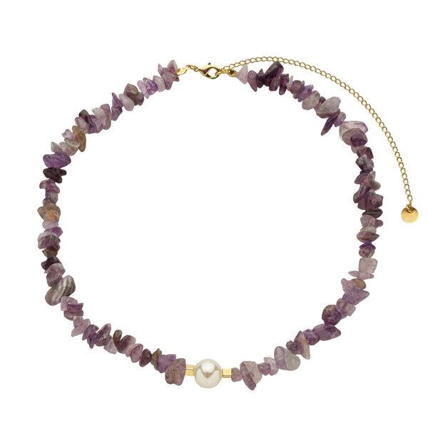 Choker cascalho ametista com pérola shell ao meio-35 cm