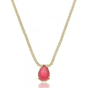 Choker riviera com zircônia formato gota cor vermelho rubi folheado
