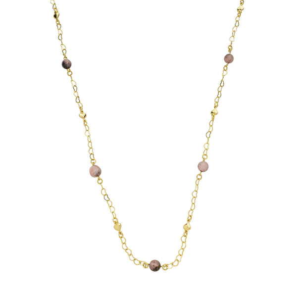 Colar longo com corrente de coração vazado e intercalados com pedras de quartzo rosa 60 cm