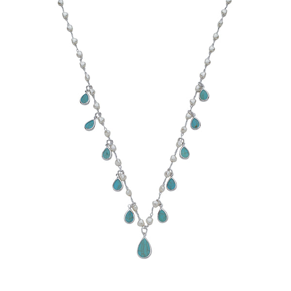 Colar com Pérolas e Pingentes Azul-Turquesa