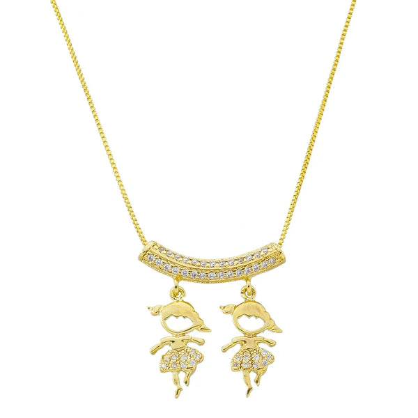 Colar filhas com dois pingentes de meninas cravejado com micro zircônias folheado em ouro 18K