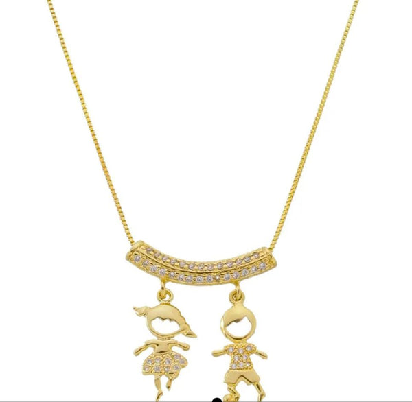 Colar filhos com dois pingentes cravejados em micro zircônias folheado em ouro 18K