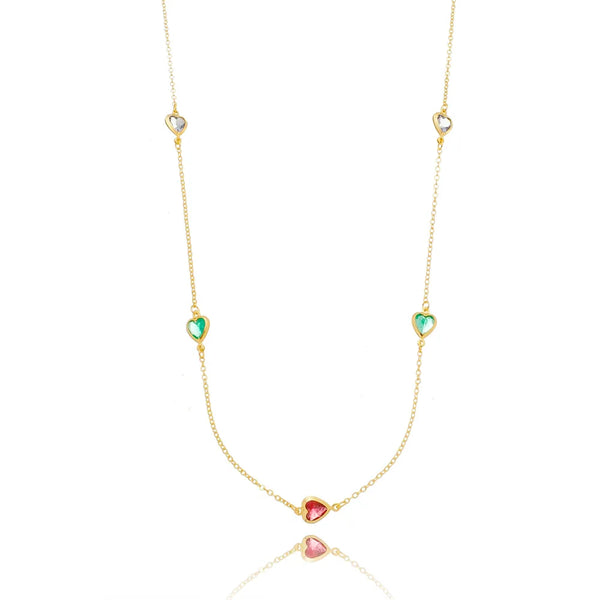 Colar longo corações de zircônias coloridas folheado em ouro 18K