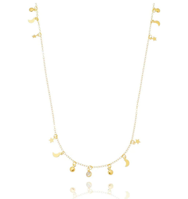 Colar longo pingentes de estrelas luas crescentes e luas cheia folheado