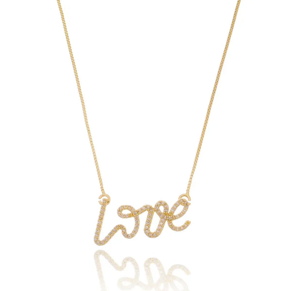 Colar love cravejado com micro zirconia folheado em ouro 18K