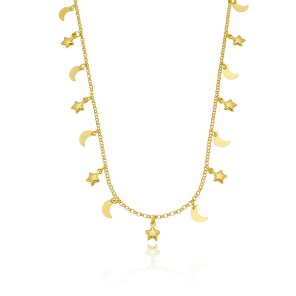 Colar pingentes de luas e estrelas folheado em ouro 18K