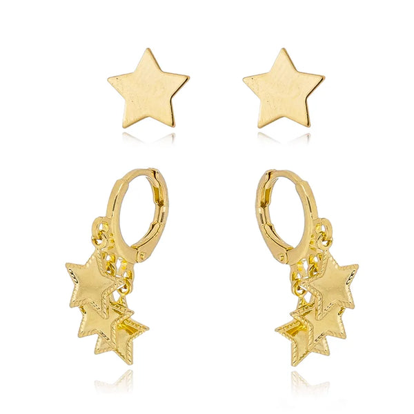 Conjunto de brincos argolinha e estrela lisa folheado em ouro 18K