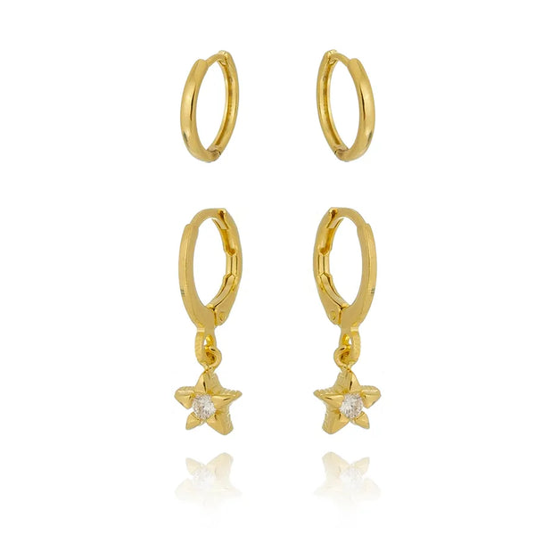 Conjunto de brincos argolinha lisa e argola com zircônia de estrela folheado em ouro 18K