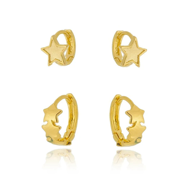 Conjunto de brincos argolinhas estrelas folheado em ouro 18K
