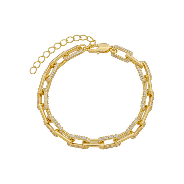 Pulseira luxo Cartie cravejada em metal folheado a ouro ou banho de prata, com elos geométricos e zircônias brilhantes, joia sofisticada da Amarylis Semijoias.