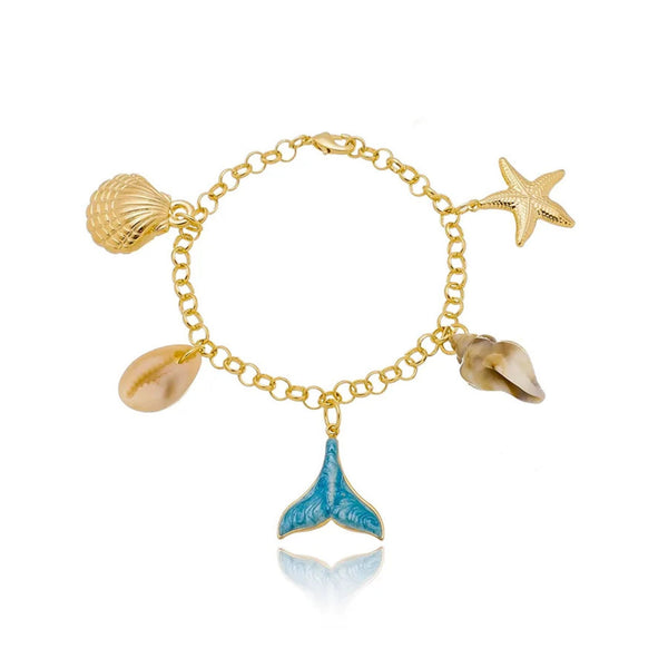 Pulseira rabo de baleia e pingentes de conchas folheado em ouro 18K