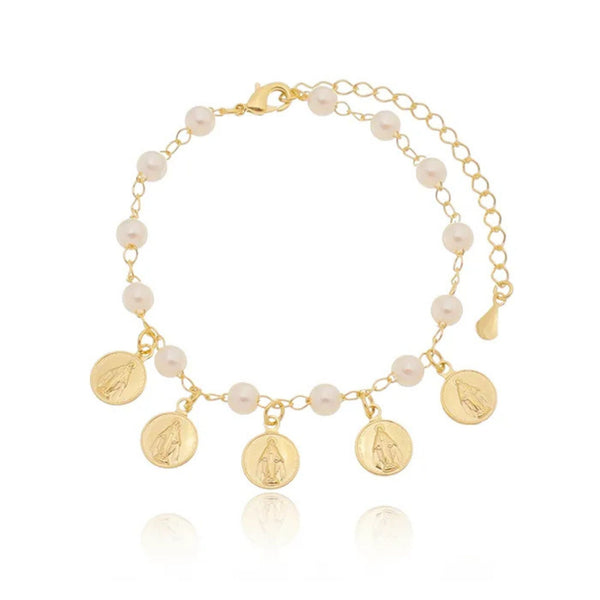 Pulseira de pérolas com medalhas de Nossa Senhora das Graças folheada em ouro 18K