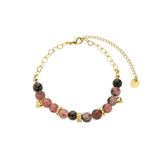 Pulseira pedra quartzo rosa com extremidades de corrente de coração vazada