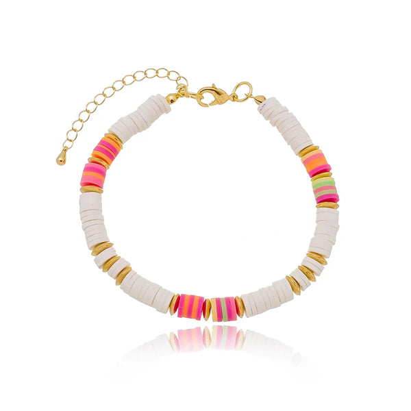 Pulseira discos de borracha coloridos e brancos folheado em ouro 18K