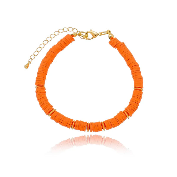 Pulseira discos de borracha na cor laranja folheado em ouro 18k