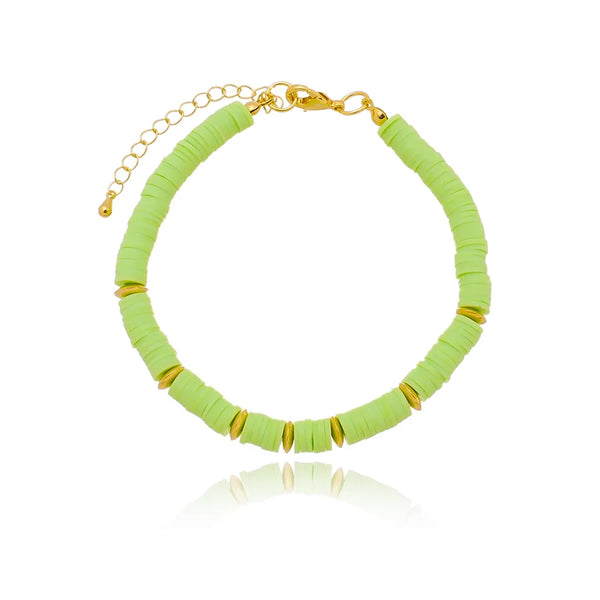 Pulseira discos de borracha na cor verde claro folheado em ouro 18k