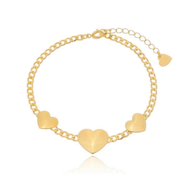 Pulseira três corações folheada a ouro 18k